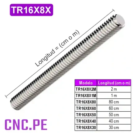 Husillo trapezoidal TR16x8mm con tuerca. Ideal para sistemas de movimiento lineal en CNC, impresoras 3D y automatización.