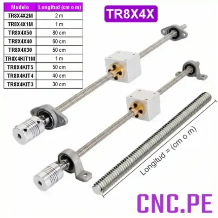 Husillo tornillo trapezoidal TR8x4 de alta precisión. Disponible en longitudes y kits completos con antibacklash.