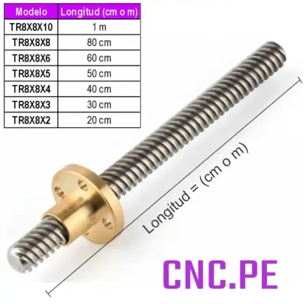 Husillo tornillo trapezoidal TR8x8 con tuerca para sistemas CNC y 3D. Preciso, duradero y confiable.