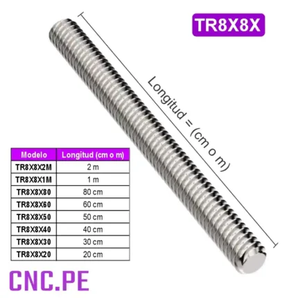 Husillo trapezoidal TR8x8 (8mm diámetro y 8mm avance) disponible en longitudes desde 20cm hasta 2 metros y tuerca.