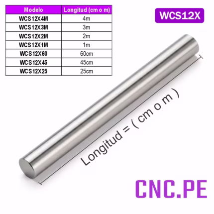 Eje de acero WCS12 de 12mm ideal para guías lineales CNC. Disponible en longitudes de 25cm a 4m.