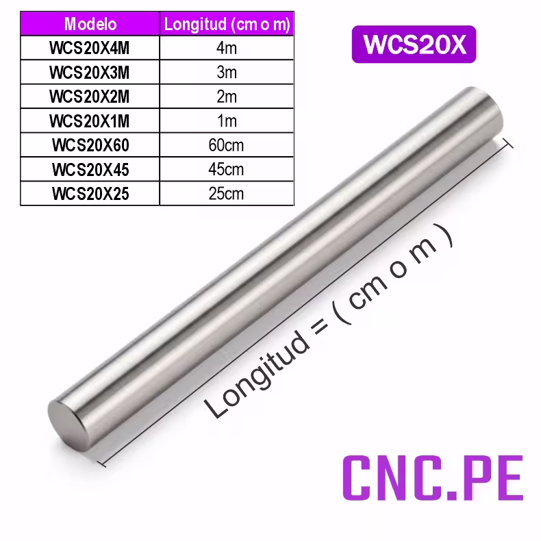 WCS20X Eje de acero WCS20 de 20 mm, ideal para sistemas de movimiento lineal con rodamientos LM20UU, SC20UU y SBR20UU.