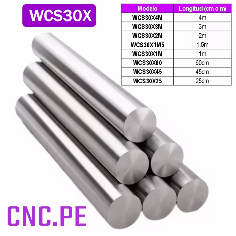WCS30X Eje de acero WCS30 cromado de 30mm de diámetro. Alta dureza, precisión y acabado espejo.