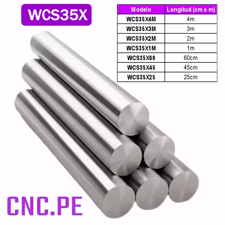 WCS35X Eje de acero cromado WCS35 de 35mm para sistemas CNC. Disponible en longitudes de 25cm a 4m.