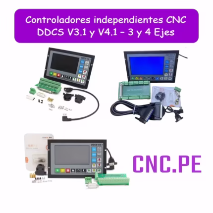 Controladores independientes CNC DDCS V3.1 y V4.1 para 3 y 4 ejes, con pantallas TFT de 5" y 7", lectura de archivos desde USB, control de motores paso a paso y función Jog. Diseño para empotrar en tableros eléctricos, ideal para proyectos industriales y de automatización.