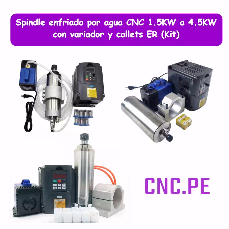 Spindle enfriado por agua CNC 1.5KW a 4.5KW con variador y collets ER (Kit) Kit de spindle enfriado por agua CNC con motor de 1.5KW, 2.2KW, 3KW o 4.5KW . Incluye variador VFD, juego de collets ER, bomba de agua, manguera y soporte de montaje. Ideal para fresadoras CNC profesionales.