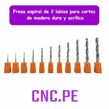 Fresa espiral de 2 labios para cortes de madera dura, acrílico y MDF (2 flute spiral bits). También puede ser usado en PVC y otros materiales.