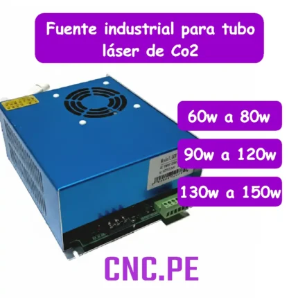 Fuente de poder industrial: HY-DY10, HY-DY13 y HY-DY20 para tubos láser CO2 de 60W a 150W. Compatibles con tubos RECI y EFR, ofrecen alta estabilidad.