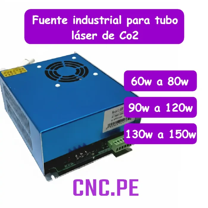 Fuente de poder industrial: HY-DY10, HY-DY13 y HY-DY20 para tubos láser CO2 de 60W a 150W. Compatibles con tubos RECI y EFR, ofrecen alta estabilidad.
