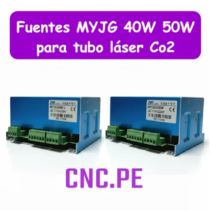 Compra fuentes MYJG 40W y 50W para tubos láser CO2. Modelos MYJG-40WT, MYJG-50WG y MYJG50W con control PWM, alta eficiencia, botón test láser.