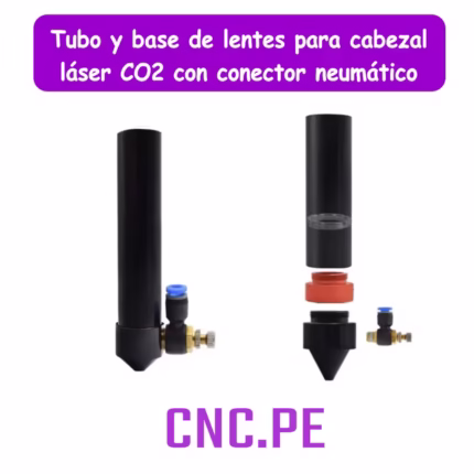 Tubo base de lentes para cabezal láser CO2 en color negro y opción con anillo rojo. Conector neumático ajustable para manguera de 6mm y roscas M22.