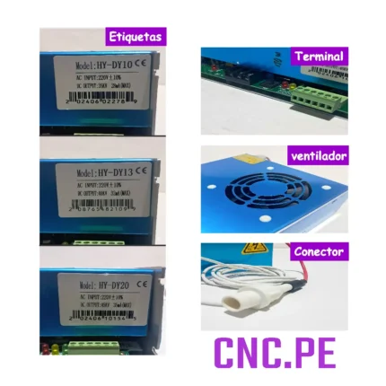 Fuente de poder industrial: HY-DY10, HY-DY13 y HY-DY20 para tubos láser CO2 de 60W a 150W. Compatibles con tubos RECI y EFR, ofrecen alta estabilidad.