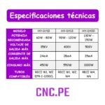 Fuente de poder industrial: HY-DY10, HY-DY13 y HY-DY20 para tubos láser CO2 de 60W a 150W. Compatibles con tubos RECI y EFR, ofrecen alta estabilidad.