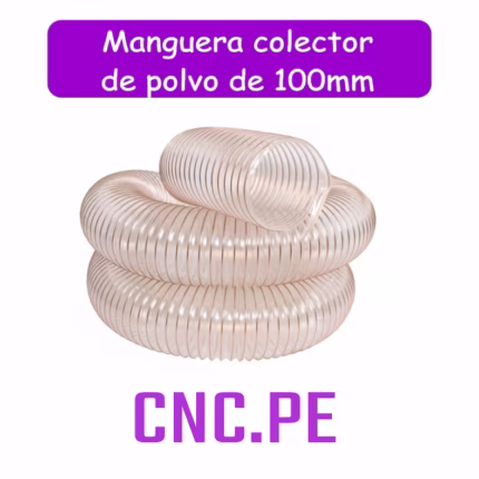 Manguera flexible de 100 mm para colector de polvo, disponible en 5 m y 10 m de longitud, semitransparente, ideal para sistemas de extracción en talleres de carpintería, CNC y otras aplicaciones industriales.