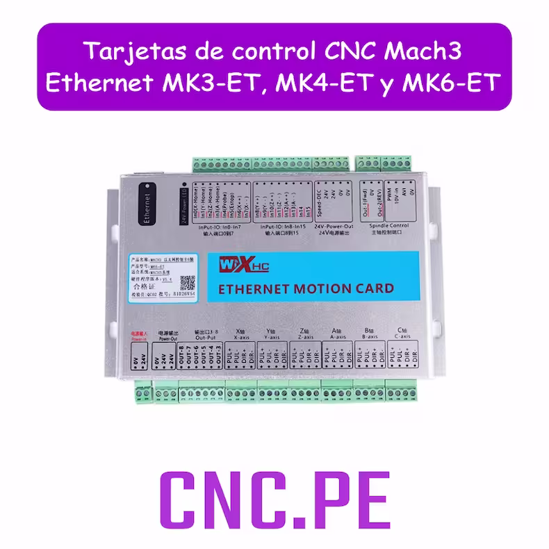 Tarjetas de control CNC Mach3 Ethernet MK3-ET, MK4-ET y MK6-ET Tarjetas de control CNC Mach3 Ethernet MK3-ET, MK4-ET y MK6-ET con 3, 4 y 6 ejes, frecuencia de 2MHz y alta precisión para entornos industriales exigentes. Perfectas para CNC de alta velocidad y alto rendimiento.
