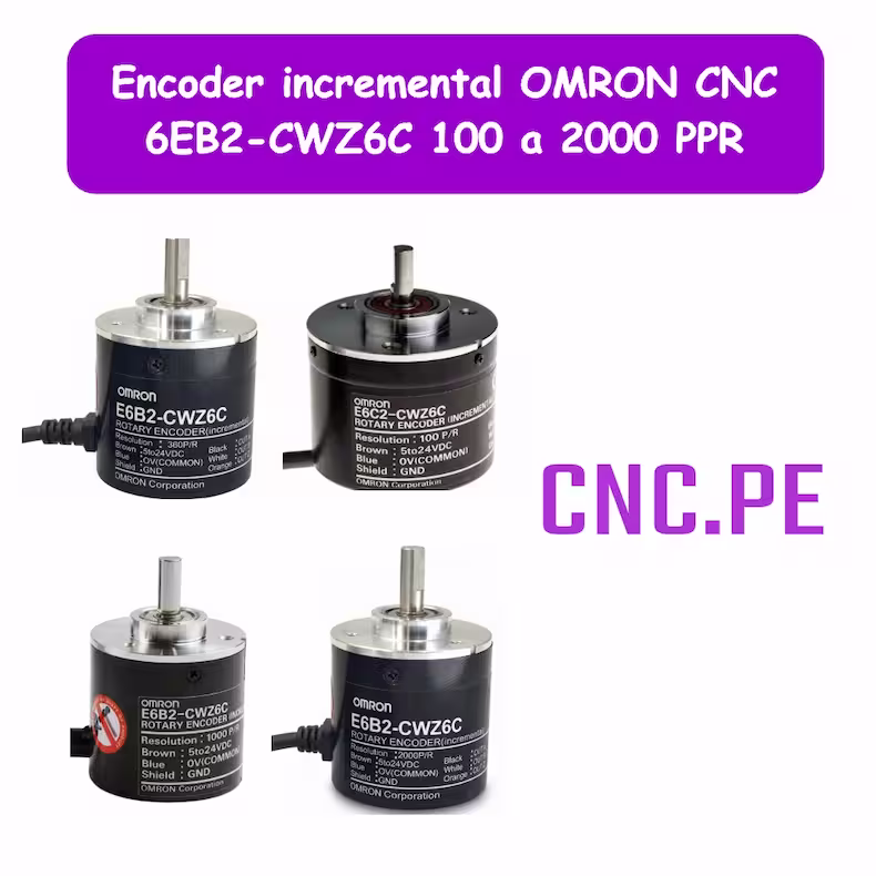 Encoder incremental OMRON CNC 6EB2-CWZ6C 100 a 2000 PPR Encoders incrementales OMRON CNC 6EB2-CWZ6C de 100 a 2000 P/R. Alimentación 5-24VDC, salida A/B/Z, alta precisión y compatibilidad con múltiples sistemas industriales.