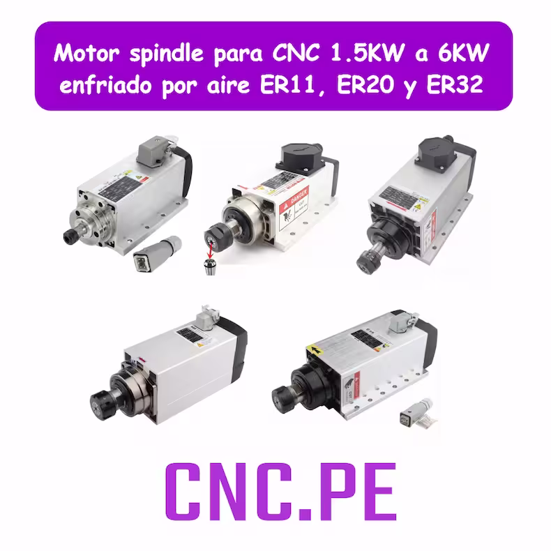 Motor spindle para CNC 1.5KW a 6KW enfriado por aire | ER11, ER20 y ER32 Motores spindle de 1.5KW a 6KW enfriados por aire para routers CNC. Con collets ER11, ER20 o ER32, hasta 24000RPM. Compatibles con 220V y 380V.