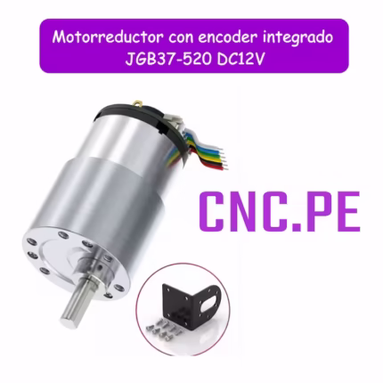 MOTORREDUCTOR CON ENCODER JGB37-520 DC12V 12RPM con bracket o sujetador en L. Eje de 6mm de diámetro con muesca. Diámetro del cuerpo del reductor de 37mm.