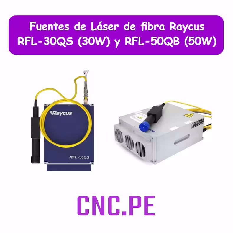 Fuentes de Láser de fibra Raycus RFL-30QS (30W) y RFL-50QB (50W) Fuentes de láser de fibra Raycus RFL-30QS (30W) y RFL-50QB (50W). Potencia confiable para grabado láser. Compatibles con controladora BJJCZ FBLI-B-LV4.