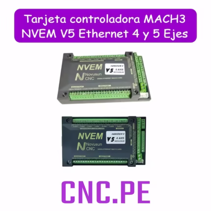 Optimiza tu máquina CNC con la tarjeta controladora MACH3 NVEM V5 Ethernet de Novusun, disponible en 4 y 5 ejes. Incluye salida AVI 0-10V para control de velocidad de spindle, conexión estable por Ethernet, cable y CD. Ideal para fresado, corte y grabado CNC.