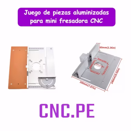 Juego de piezas aluminizadas para mesa de mini fresadora CNC. Compatible con motores de hasta 1600W. Ideal para mesas de 24.5x25cm o 20x24cm. Incluye agujeros espaciados para montaje preciso.