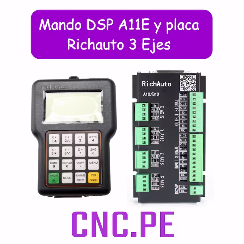 Mando DSP A11E y placa Richauto 3 ejes Mando DSP A11E y placa controladora Richauto para CNC Router de 3 ejes. Nueva versión 2022 en inglés, incluye cable DSP de 50 pines y 2.5 m. No compatible con versiones anteriores a 2021.