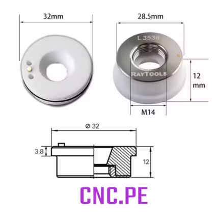 Compra el soporte de boquilla cerámica RAYTOOLS Ø32mm con rosca interna M14. Repuesto original para cabezales de corte láser de fibra.