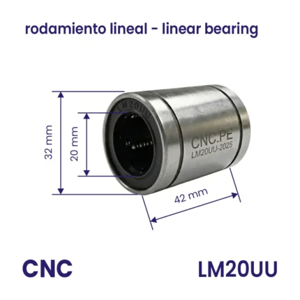 Ficha técnica del rodamiento LM20UU con cotas de 32mm de diámetro exterior, 20mm interior y 42mm de longitud.