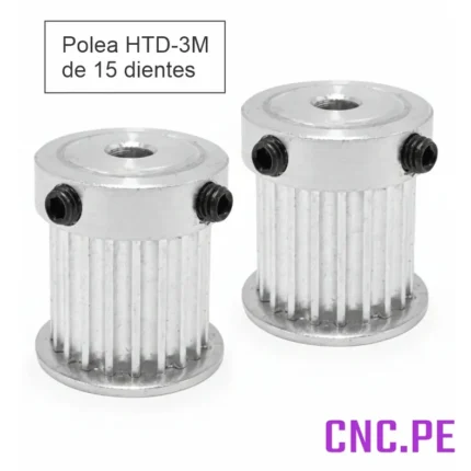 Polea HTD-3M 15 dientes y ancho 15 mm, disponible para ejes de 6.35 mm y 8 mm.