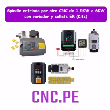Kits de spindle CNC enfriado por aire de 1.5KW a 6KW con variador y juego de collets ER. Potencia, precisión y compatibilidad en un solo paquete.
